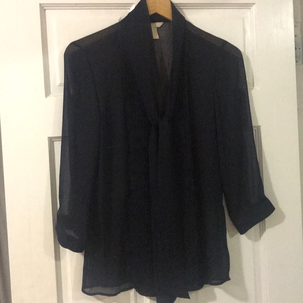 Sheer navy blouse with tie